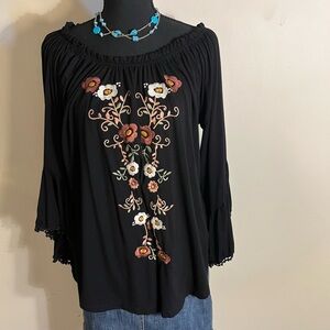 Wrangler Retro Embroidered Black Boho Top